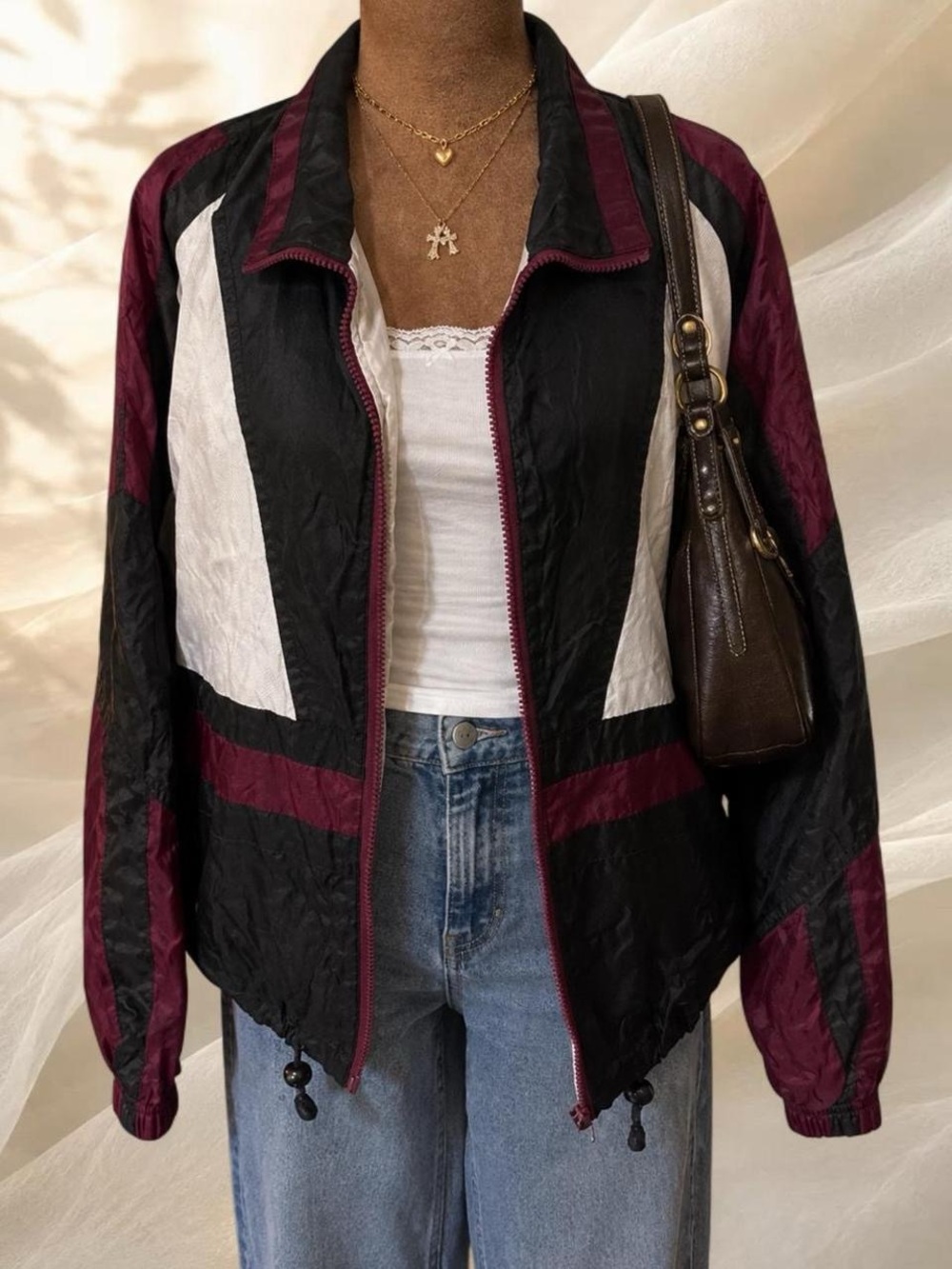 Vintage Argee Sports Colorblock Windbreaker Jacket Medium Black Burgundy FLAWS